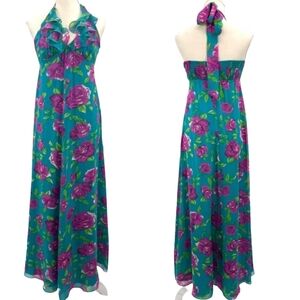 Betsey Johnson Silk Chiffon Floral Halter Maxi Dress 4